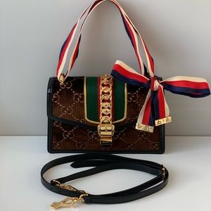 Authentic Gucci Sylvie GG Brown Velvet Small Shoulder Bag